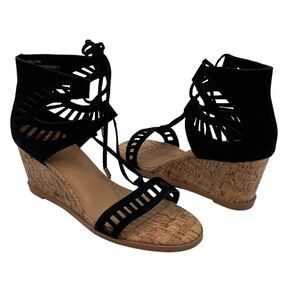 Black Cork Wedge Loraine Leather Lace Up Sandals Size 8 Women's